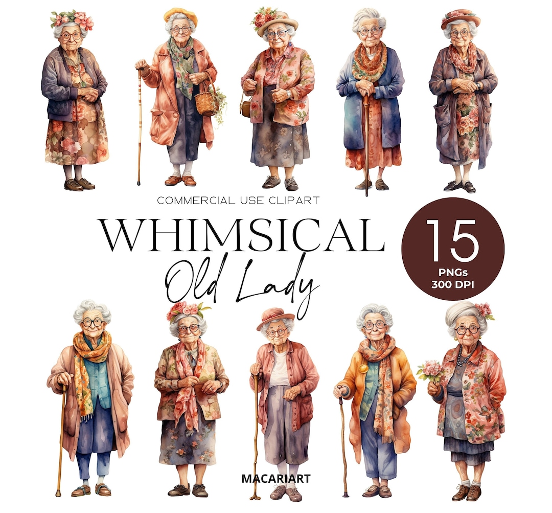 Whimsical Old Lady Clipart Quirky Woman Funny Old Ladies Clipart Old ...