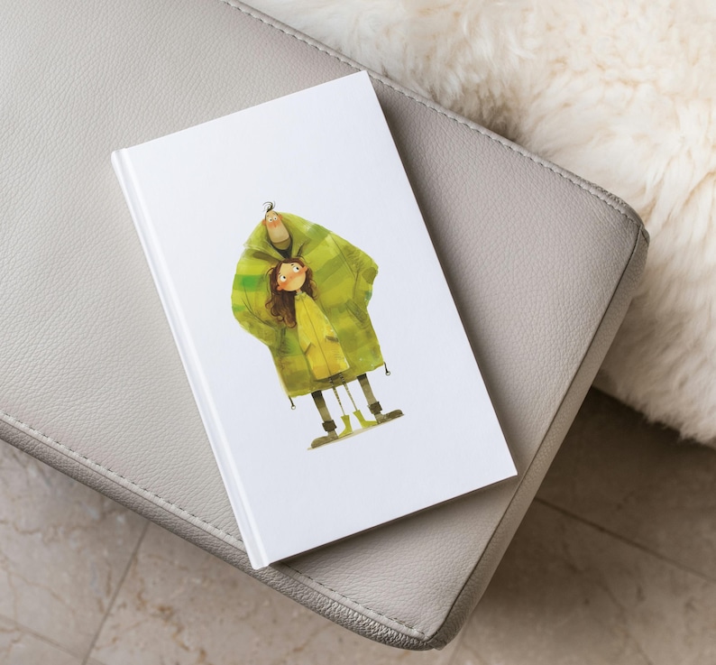 May include: A watercolour illustration of a man and a girl wearing matching green and yellow raincoats. The illustration is printed on a white notebook.