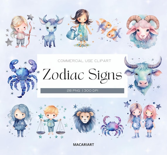 Zodiac Signs Clipart Baby Astrology Star Signs Baby Animal Watercolor Clipart Bundle Horoscope Symbols Nursery Decor Bundle Astrological Art