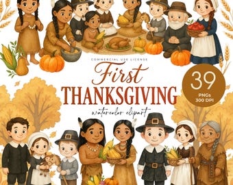 Thanksgiving Clipart, First Thanksgiving, Watercolor Pilgrim, Turkey, Pumpkin, Corn Harvest, Fall Kids Graphics