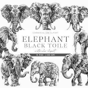 Toile zwarte olifant clipart aquarel chinoiserie toile de jouy jungle dieren safari toile grijze clipart babyshower bruine olifant png