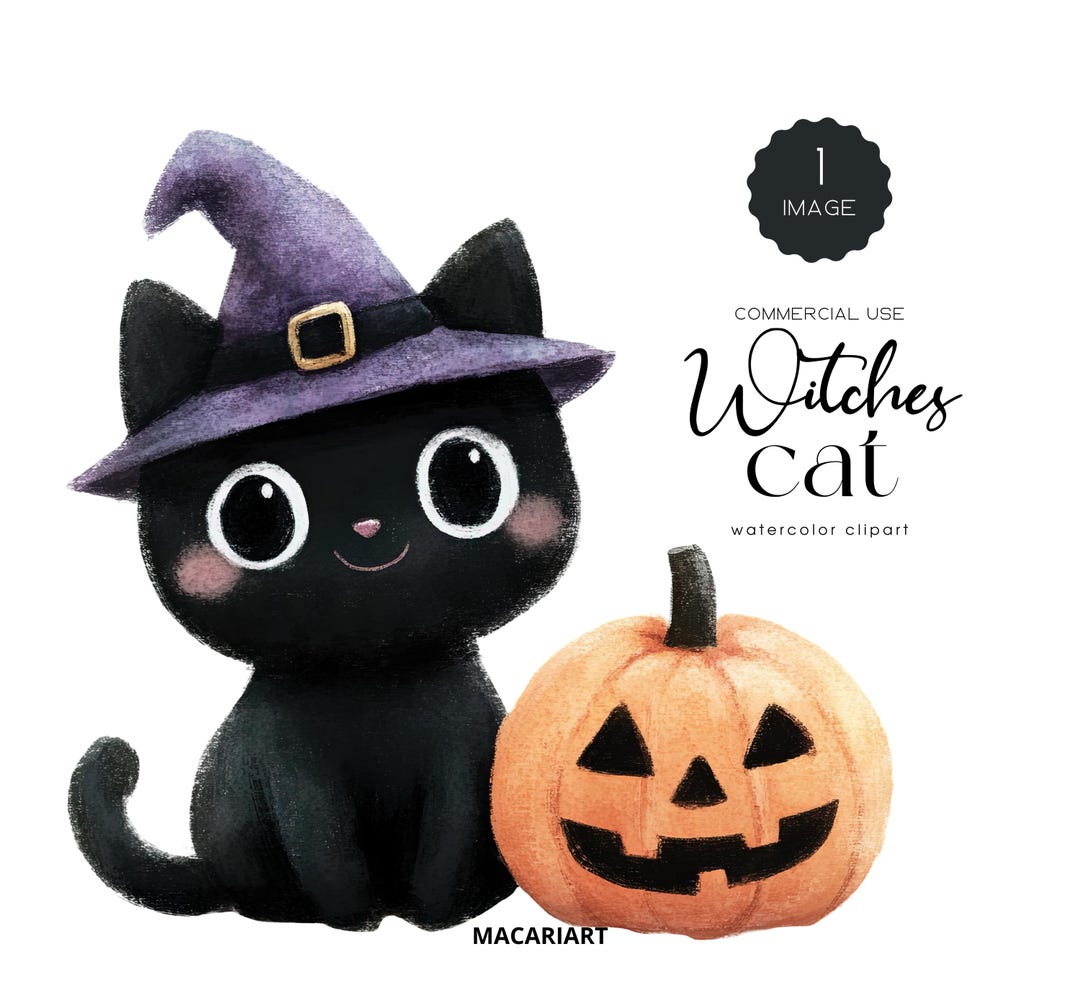 かわいいハロウィン黒猫クリップアートバンドル 水彩魔女猫PNG