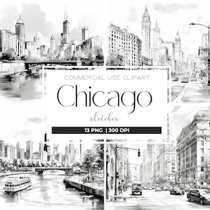 Imágenes prediseñadas de Chicago, boceto del horizonte de Chicago, imágenes prediseñadas de EE. UU., Chicago, imágenes prediseñadas de Illinois, descarga digital de la ciudad de Chicago, álbum de recortes, diario basura