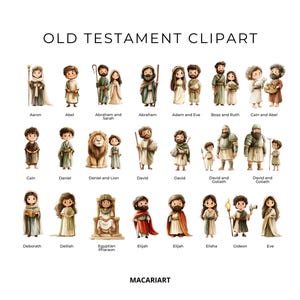 May include: Illustrated clipart of Old Testament characters, including Aaron, Abel, Abraham, Sarah, Adam, Eve, Boaz, Ruth, Cain, Daniel, David, Goliath, Deborah, Delilah, Egyptian Pharaon, Elijah, Elisha, Gideon, and Eve.