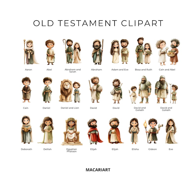 May include: Illustrated clipart of Old Testament characters, including Aaron, Abel, Abraham, Sarah, Adam, Eve, Boaz, Ruth, Cain, Daniel, David, Goliath, Deborah, Delilah, Egyptian Pharaon, Elijah, Elisha, Gideon, and Eve.