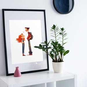 May include: A framed illustration of a cartoon couple standing side-by-side. The woman has long, red hair and is wearing a blue shirt and jeans. The man has short, brown hair and is wearing a red and black checked shirt and jeans. He is carrying a rucksack.