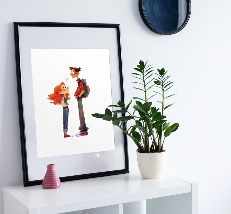 May include: A framed illustration of a cartoon couple standing side-by-side. The woman has long, red hair and is wearing a blue shirt and jeans. The man has short, brown hair and is wearing a red and black checked shirt and jeans. He is carrying a rucksack.