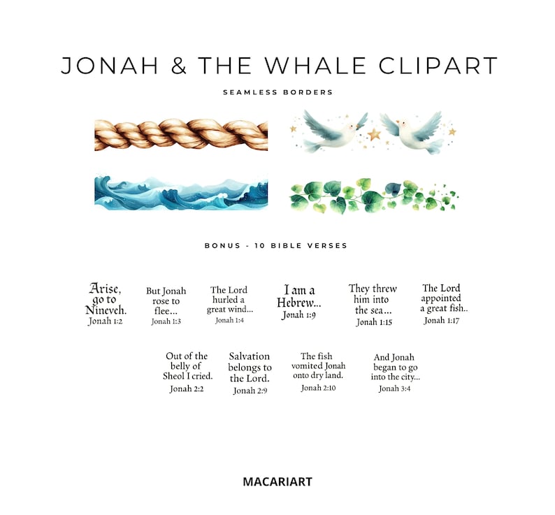 May include: A watercolor illustration of Jonah and the Whale clipart with seamless borders. The image includes a rope border, a wave border, a dove border, and a leafy vine border. The image also includes 10 Bible verses from the book of Jonah.