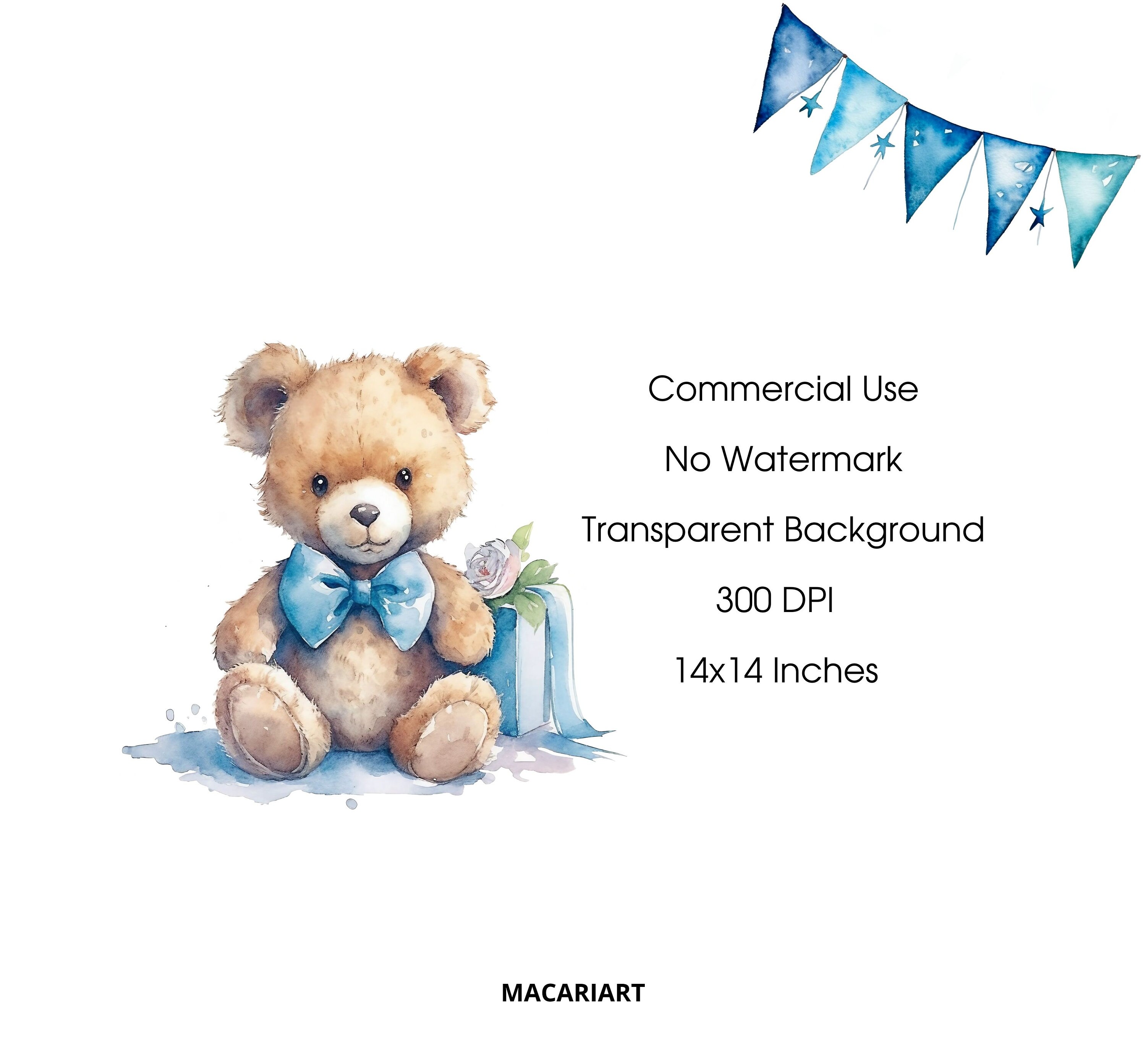 Teddy Bear Clipart Watercolor Bear Baby Shower Decor Watercolor Wall ...