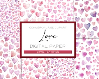 Valentine Hearts Seamless Digital Papers Watercolor Heart Backgrounds Love Clipart Valentine’s Day Digital Paper Hearts Patterns Valentines