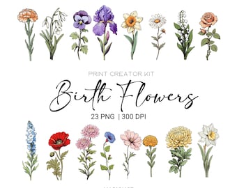 Watercolor Birth Month Flowers Clipart Bundle Digital Watercolor Birth Flower Clipart Watercolor Floral Clipart Flower Png Commercial Use