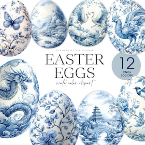 Chinoiserie Easter Eggs Clipart, Watercolor Easter Eggs, Grandmillennial Easter, Blue Toile Eggs, Toile Easter PNG, Vintage Floral Easter