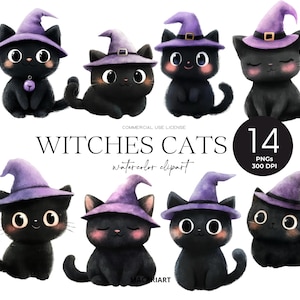 Cute Halloween Black Cat Clipart Bundle Watercolor Witch Cat Png Funny Black Cat Halloween Animals Clipart Spooky Halloween Witchcraft Png
