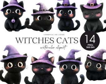 Cute Halloween Black Cat Clipart Bundle Watercolor Witch Cat Png Funny Black Cat Halloween Animals Clipart Spooky Halloween Witchcraft Png
