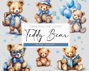 Teddy Bear Clipart Watercolor Bear Baby Shower Decor Watercolor Wall Art Printable Instant Download Clipart Bundle Animal Clipart Bear Png