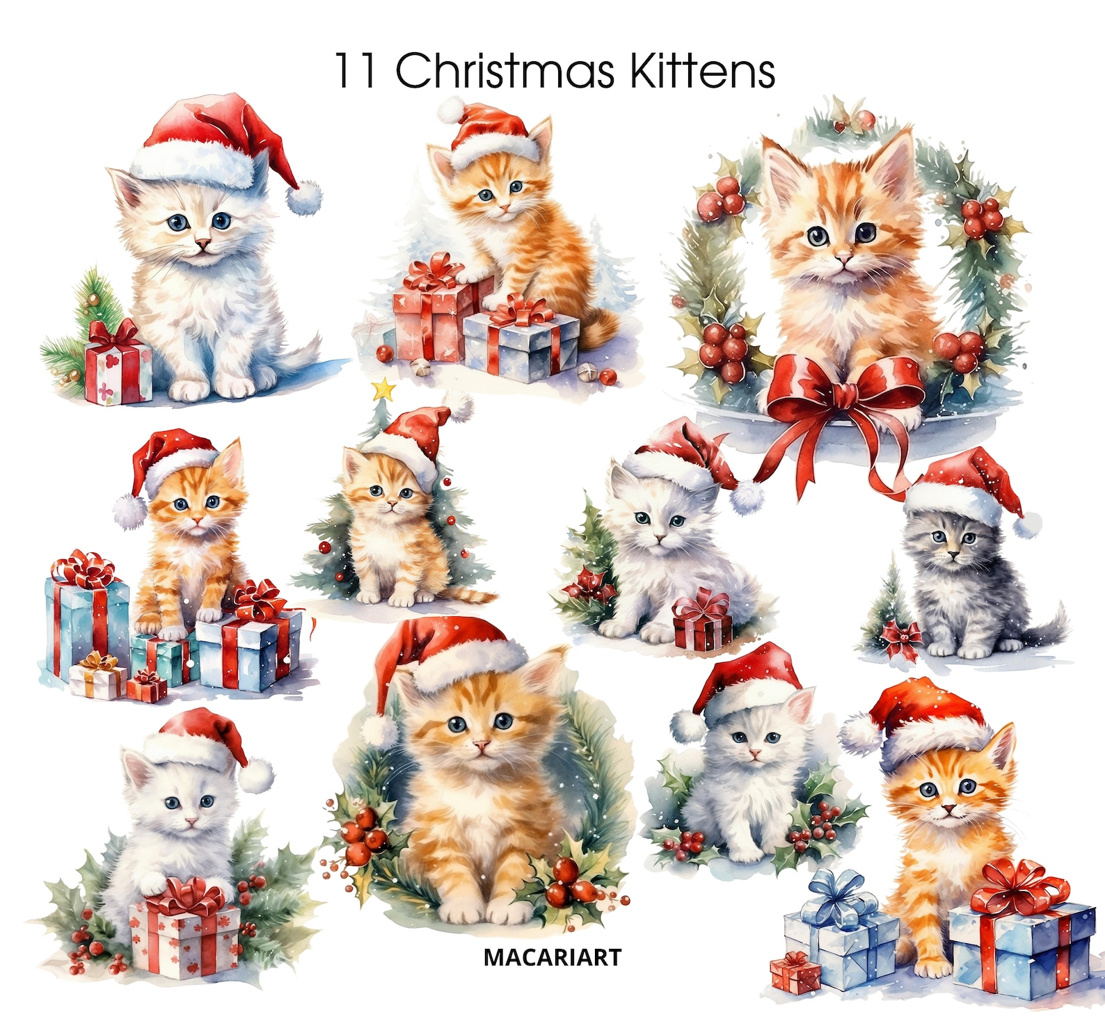 Christmas Kitten Clipart Christmas Cats Watercolor Clipart Bundle ...