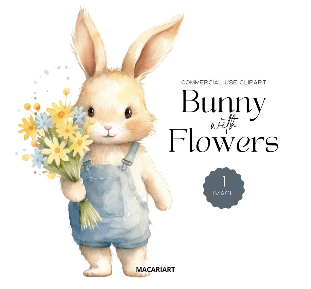 Watercolor Bunny With Flowers Clipart Pack Nursery Spring Clipart ...