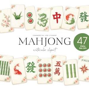 May include: Watercolor clipart of Mahjong tiles with various symbols, including a green dragon, red fish, and bamboo stalks. The set includes 47 PNGs at 300 DPI. The word "MAHJONG" is written in a decorative font.