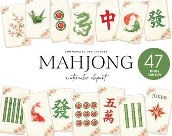 May include: Watercolor clipart of Mahjong tiles with various symbols, including a green dragon, red fish, and bamboo stalks. The set includes 47 PNGs at 300 DPI. The word "MAHJONG" is written in a decorative font.