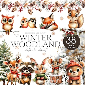 Imágenes prediseñadas de bosque de invierno, animales de invierno en acuarela, bebés del bosque, pinos, bosque nevado PNG, zorro, oso, ciervo, mapache, ardilla, ratón