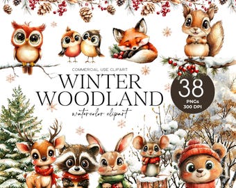 Winter Woodland Clipart, Watercolor Winter Animals, Woodland Babies, Pine Trees, Snowy Forest Png, Fox, Bear, Deer, Racoon, Squirrel, Mouse