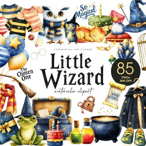 Clipart bébé sorcier, école de sorcier, baby shower lunatique, école de magie, sorcier garçon fille, invitation sorcier mignon, hibou, manche à balai, chapeau