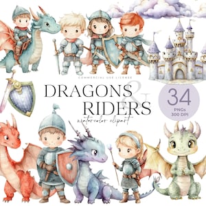 Imágenes prediseñadas de dragón y jinete, lindo bebé dragón, cuento de hadas mágico, imágenes prediseñadas de fantasía caprichosa, amante de los libros de fantasía, lindo caballero, invitación de cumpleaños