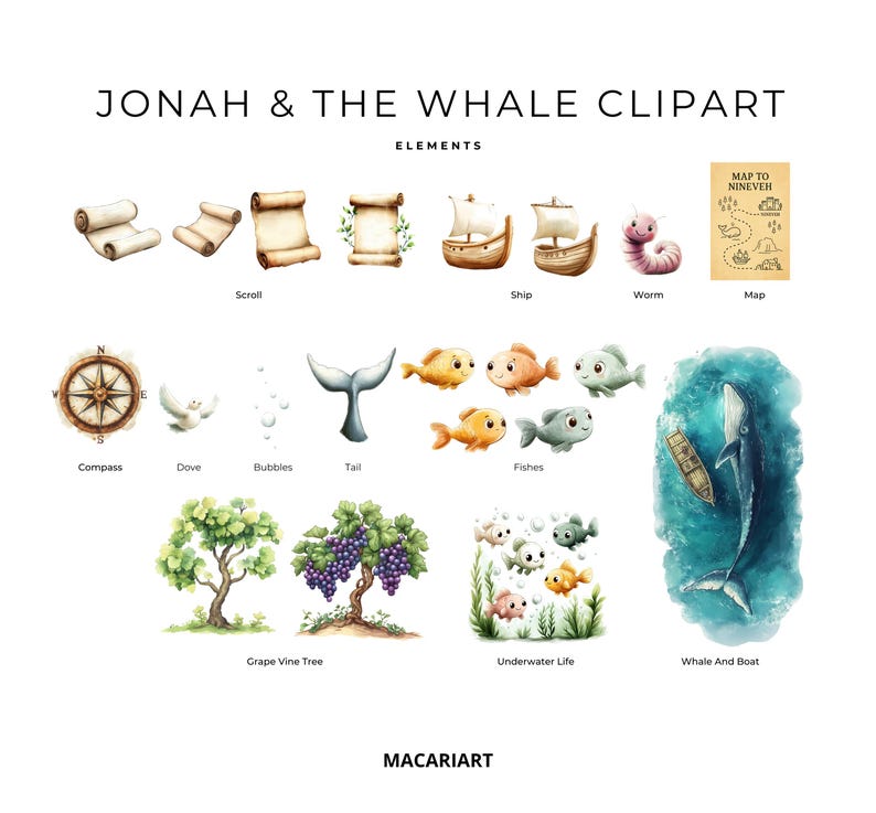 May include: A set of watercolor illustrations depicting elements from the story of Jonah and the Whale. The illustrations include a ship, a whale, a compass, a dove, a scroll, a worm, a grape vine, a map, bubbles, fish, and a whale tail.