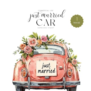 Clipart trouwauto, Just Married Car, Clipart trouwdag, oldtimers, bloemenauto png, retro auto, Marriage Clipart, Just Married-afbeeldingen