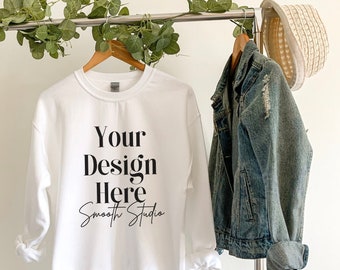 Gildan 18000 Mockup | White Gildan 18000 Sweater Mockup | Hanging White Sweatshirt Mockup | White Gildan 18000 Mockup