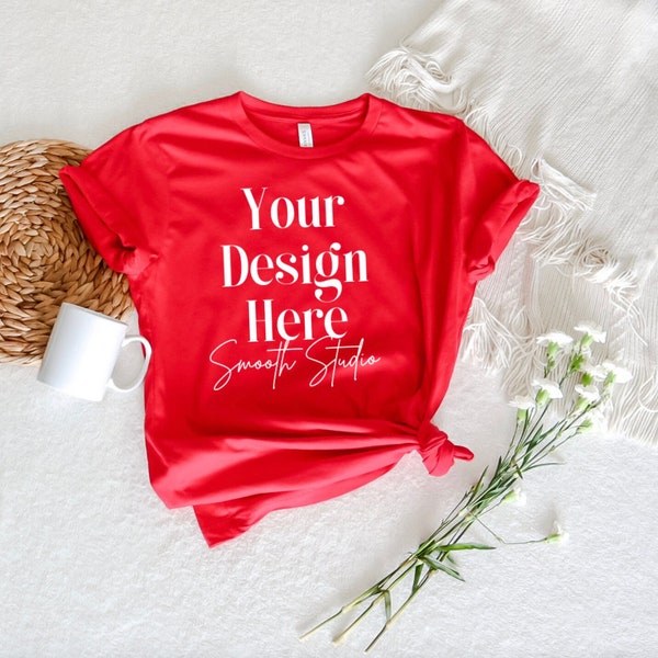 Bella Canvas 3001 Mockup | Red Bella and Canvas T-Shirt 3001 Mockup | Bella & Canvas Red T-shirt Mockup | Plain Red Shirt Mockup