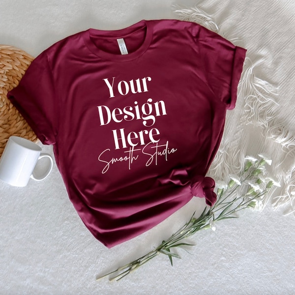 Bella Canvas 3001 Mockup | Maroon Bella and Canvas T-Shirt 3001 Mockup | Bella & Canvas Maroon T-shirt Mockup | Plain Maroon Shirt Mockup