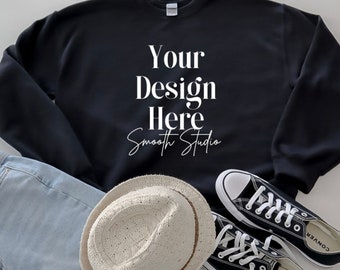 Gildan 18000 Mockup | Black Gildan 18000 Sweater Mockup | Flat Lay Black Sweatshirt Mockup | Black Gildan 18000 Mockup