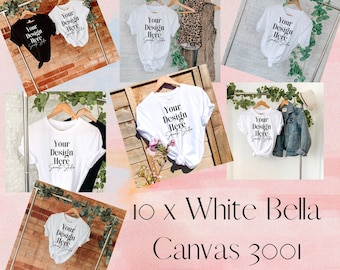 Bella Canvas 3001 Mockup Bundle | 10 White Bella and Canvas T-Shirt 3001 Mockups | Bella & Canvas White Tshirt Mockup Bundle | Plain White