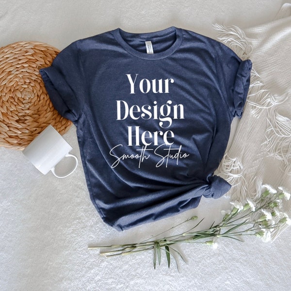 Maquette Bella Canvas 3001 | Heather Navy Bella et T-shirt en toile 3001 Mockup | Maquette de t-shirt bleu marine chiné Bella & Canvas | Maquette simple