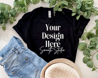 Bella Canvas 3001 Mockup | Flat Lay Bella and Canvas T-Shirt 3001 Mockup | Bella & Canvas Black Tshirt Mockup | Plain Tshirt Photo | Flat