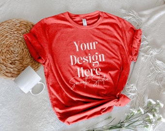 Heather Red Bella Canvas 3001 Mockup | Heather Red Bella and Canvas T-Shirt 3001 Mockup | Flat Lay Bella | Heather Red Shirt Mockup