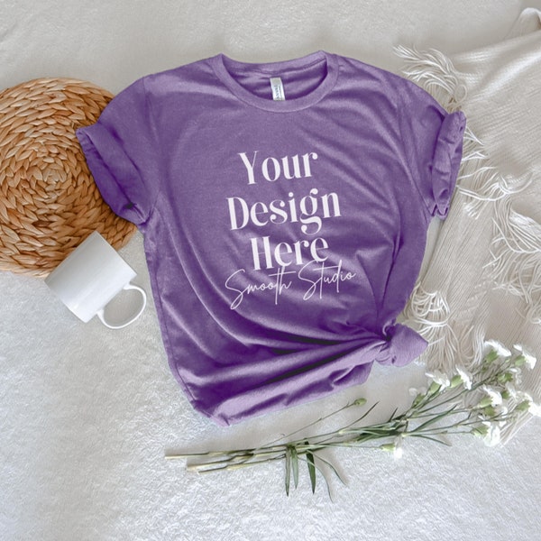 Heather Team Purple Bella Canvas 3001 Mockup | Heather Team Purple Bella and Canvas T-Shirt 3001 Mockup |  Heather Team Purple Summer Mockup