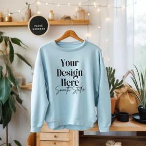 Gildan 18000 Mockup | Hanging Light Blue Gildan 18000 Sweater Mockup | Hanging Mockup Light Blue Sweatshirt Mockup | Blue Gildan 18000 Mock