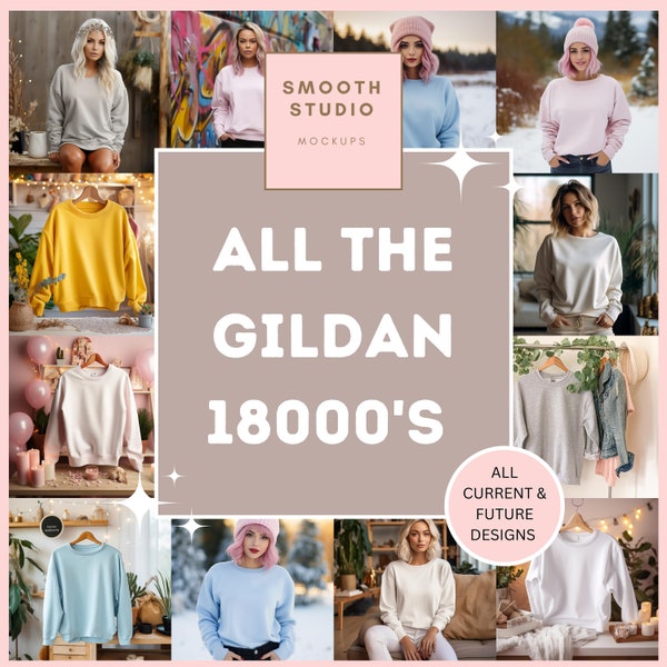 Gildan 18000 Mockup Bundle, alle aktuellen und zukünftigen Gildan 18000 Mockups, lebenslanger Zugriff Mockup Bundle, gesamte Sweatshirt-Pullover-Kollektion