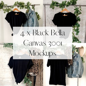 Bella Canvas 3001 Mockup Bundle | 4 Black Bella Canvas Plain T-shirt Hanging Mockups | Plain Tshirt Photo | Cheap Bella Canvas 3001 Mockups