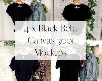 Bella Canvas 3001 Mockup Bundle | 4 Black Bella Canvas Plain T-shirt Hanging Mockups | Plain Tshirt Photo | Cheap Bella Canvas 3001 Mockups