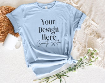 Baby Blue Bella Canvas 3001 Hanging Mockup, Bella Canvas T-Shirt Mockup, Baby Blue Flat Lay Bella Canvas 3001 Tshirt Mockup