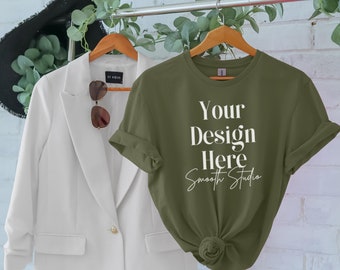 Military Green Gildan 64000 Hanging Mockup, Military Green T-Shirt Mockup, Hanging Gildan 64000 Tshirt Mock Up, Military Green Hanging