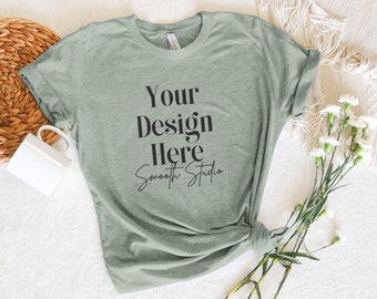 Heather Sage Bella Canvas 3001 Mockup | Heather Sage Bella and Canvas T-Shirt 3001 Mockup | Heather Sage Flat Lay Bella & Canvas