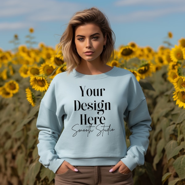 Gildan 18000 Mockup | Summer Light Blue Gildan 18000 Sweater Mockup | Model Mockup Light Blue Sweatshirt Mockup | Blue Gildan 18000 Mockup