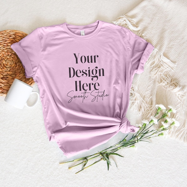 Lilac Bella Canvas 3001 Hanging Mockup, Bella Canvas T-Shirt Mockup, Lilac Flat Lay Bella Canvas 3001 Tshirt Mock Up | Flieder flache Lay Bella