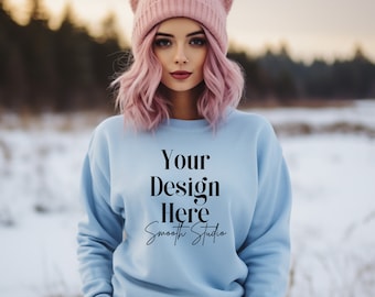 Gildan 18000 Mockup | Winter Light Blue Gildan 18000 Sweater Mockup | Model Mockup Light Blue Sweatshirt Mockup | Blue Gildan 18000 Mockup