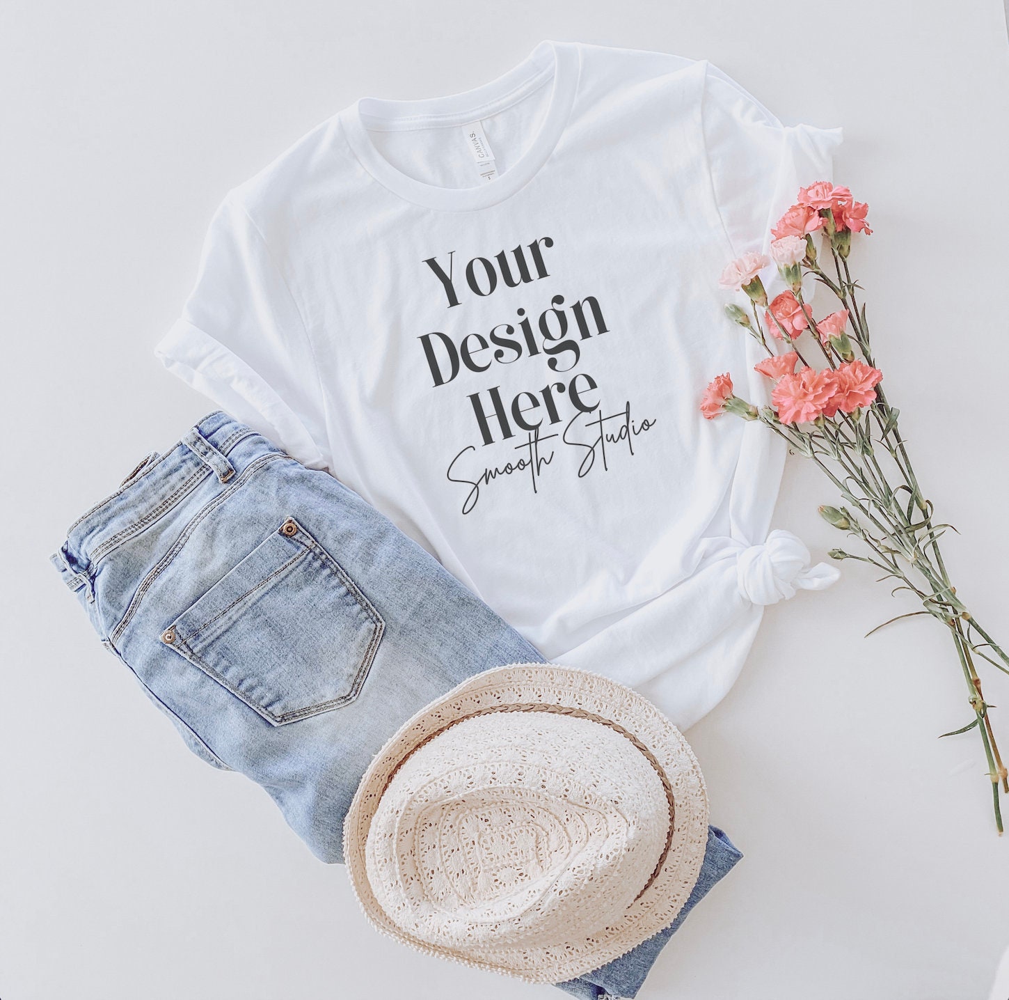 Bella Canvas 3001 Mockup | Boho Flat lay Bella and Canvas T-Shirt 3001 Mockup | Bella & Canvas White T-shirt Mockup | White T-shirt Mockup