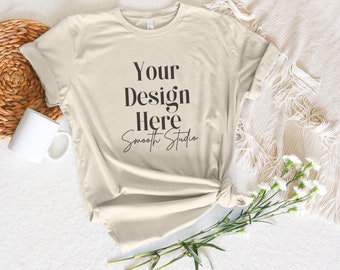 Natural Bella Canvas 3001 Flat Lay Mockup, Bella Canvas T-Shirt Mockup, Flat Lay Hanging Bella Canvas 3001 Tshirt Mock Up | Flat Lay Hanging